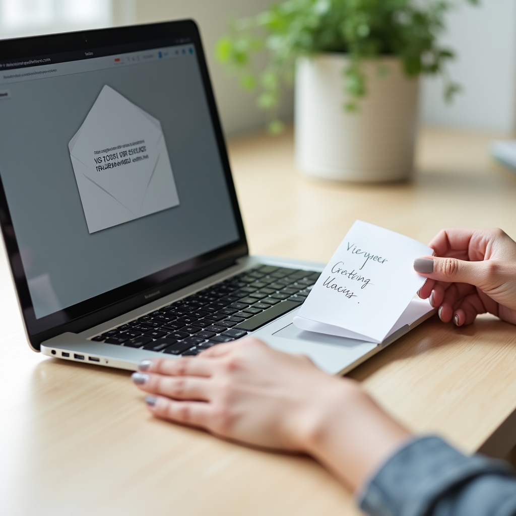 Laptop mit geöffnetem E-Mail-Postfach und einer Grußkarte für einen Geschenkzugang auf einem hellen Schreibtisch
