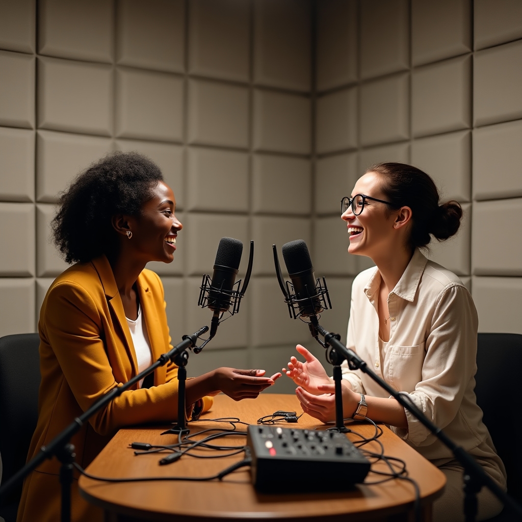 Zwei Sprecherinnen im Gespräch vor Mikrofonen in einem schallgedämmten Studio