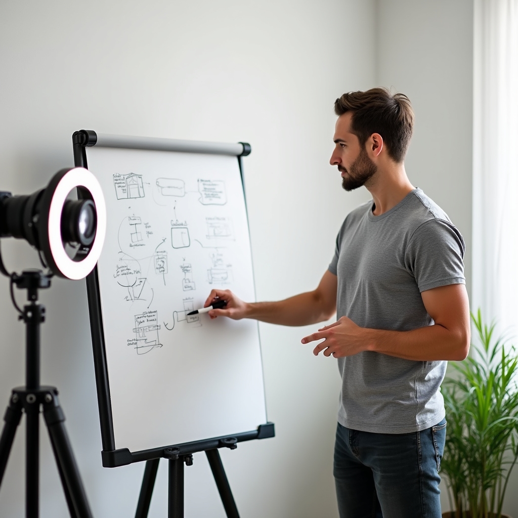 Aufnahmeset mit Kamera, Ringlicht und Whiteboard für ein kurzes Erklärvideo